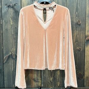 Sugarlips Velvet Sweater M Rose Gold Velour Cutout Ruffle Boho Ribbon Trim Flare